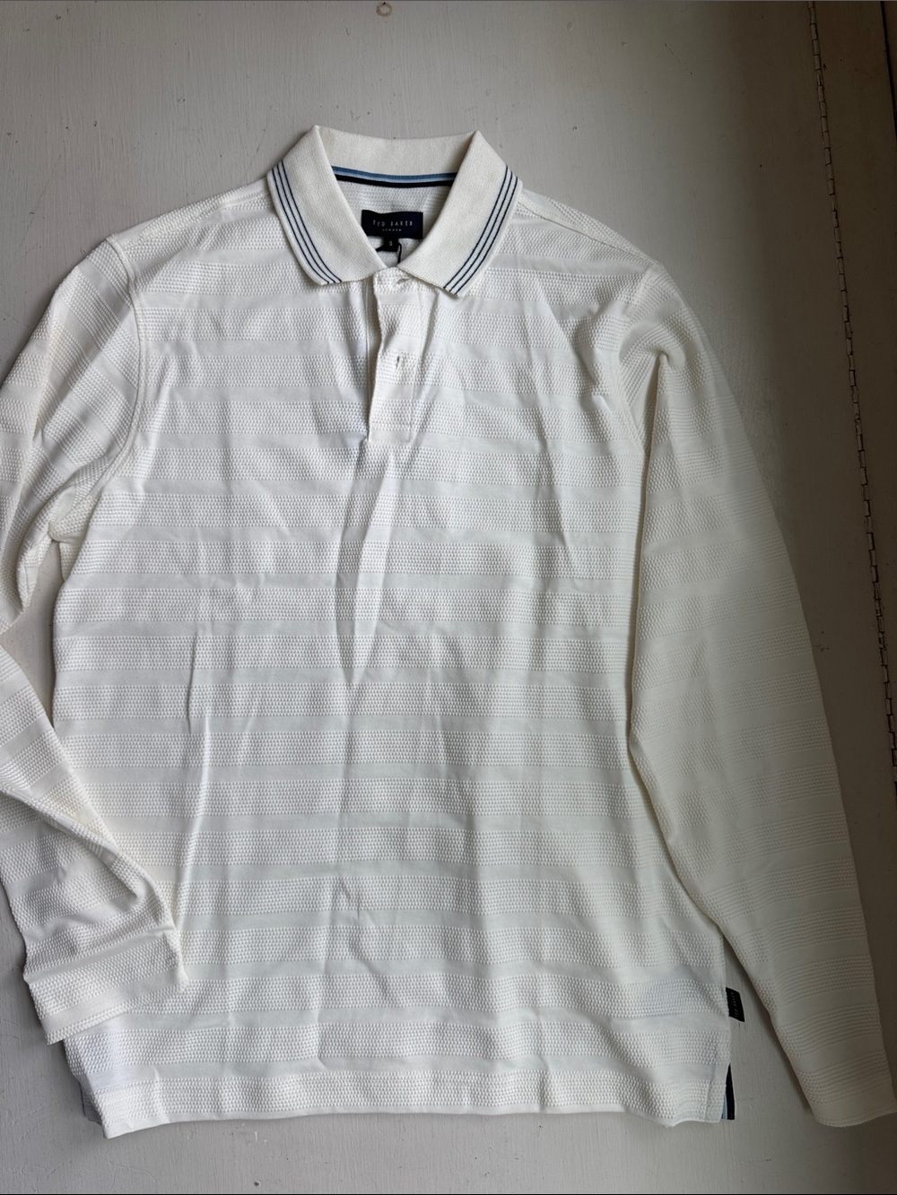 Ted Baker White Long-Sleeve Polo with Contrast Collar Stripes